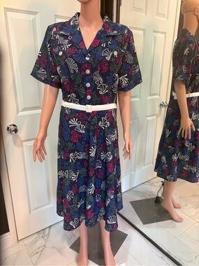Pinup Couture Navy Midi Dress with Pink, Blue & White Floral Print
